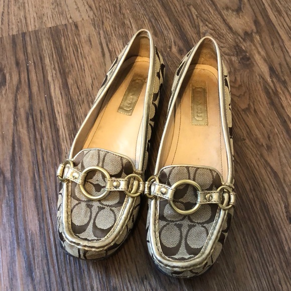 Vintage Coach loafers, gold/brown with gold hardware, size 9 - Picture 1 of 15